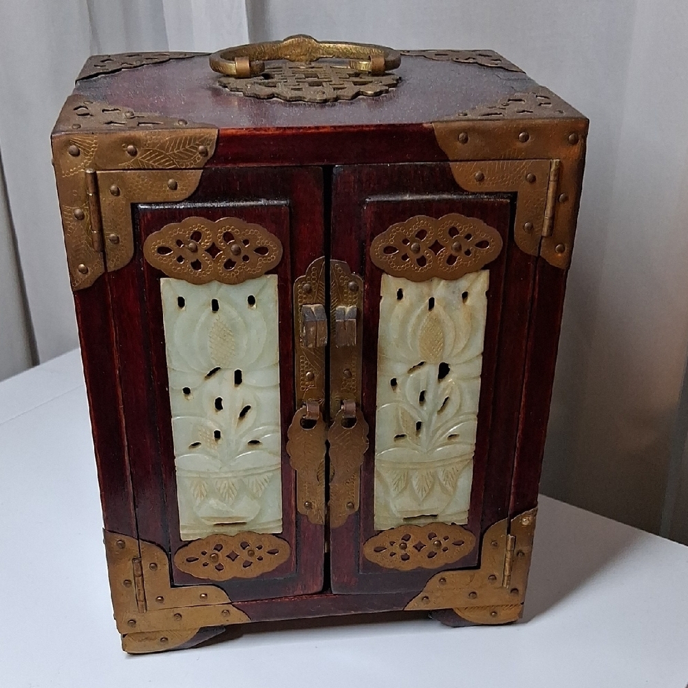 Vintage Wooden Jewelry Box with Brass Accents